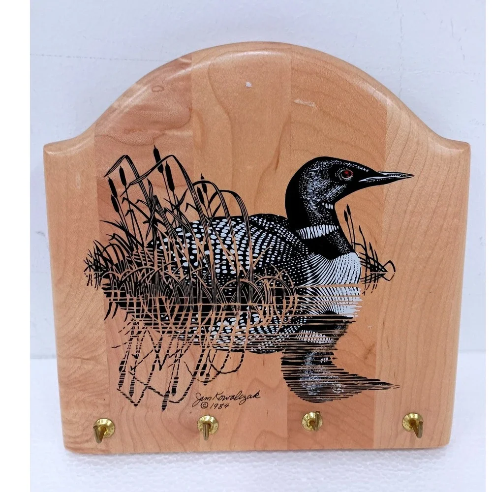 Vintage Loon Key Rack Wildlife Wood Hand Made Cabin Decor 1984 Jim Kowalczak